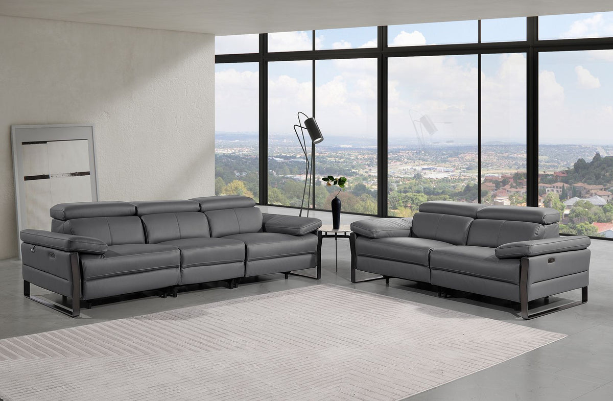 DivanItalia 1246 Modular Power Dual Reclining Sofa and Loveseat Set with Power Headrests – Top Grain Italian Leather - Dark Gray
