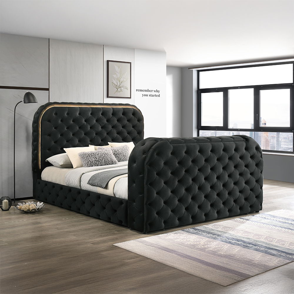 Kana - Eastern King Bed With LED, Fireplace & TV Stand - Black Upholstery Velvet