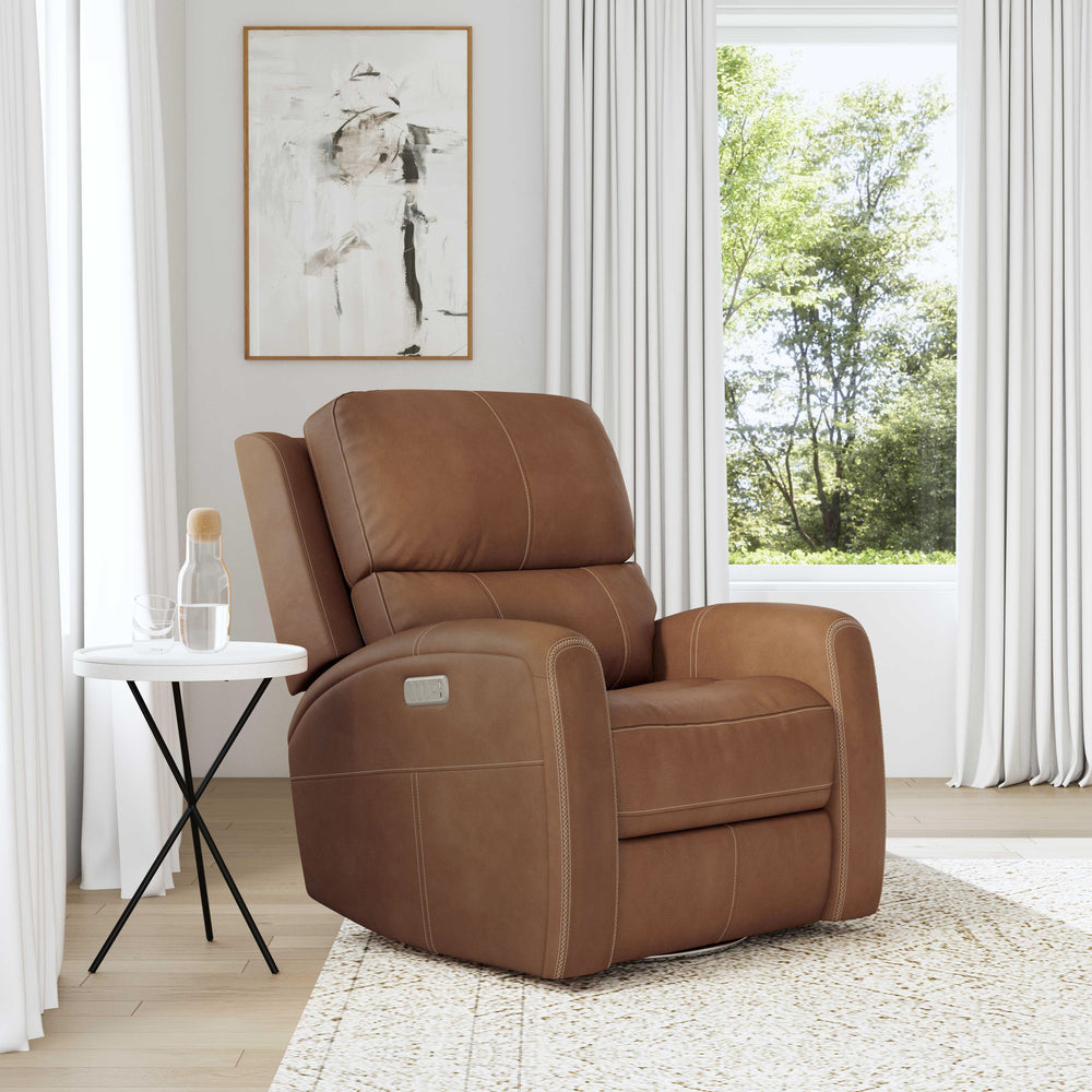 Linden Leather Power Swivel Gliding Recliner with Power Headrest, Lumbar, Heat & Massage in Caramel