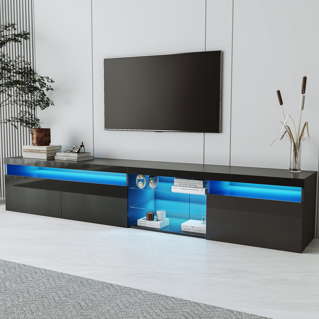 Unique Design TV Stand with LED Lights, 2 Glass Shelves, Ample Storage Space Media Console for TVs Up to 105", Black