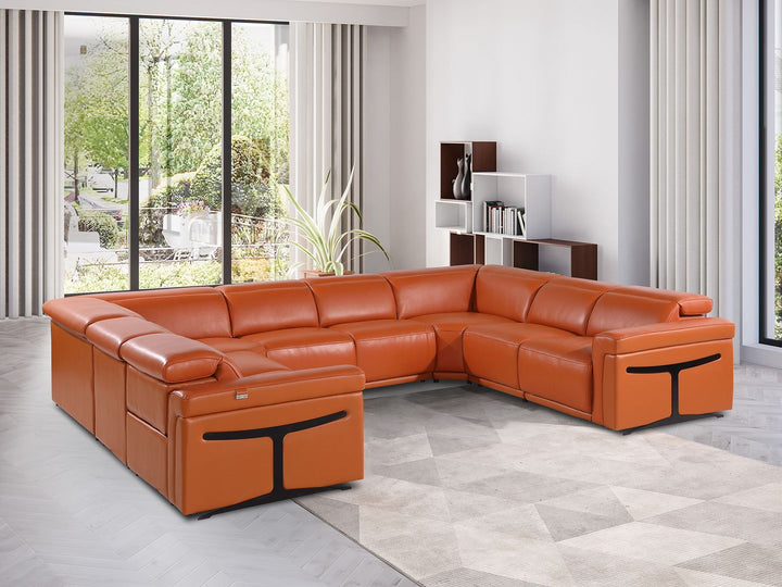 DivanItalia 1126 8-Piece U-Shaped Sectional Sofa in Top Grain Italian Leather with 4 Power Recliners &amp; Power Headrests – No Console - Camel