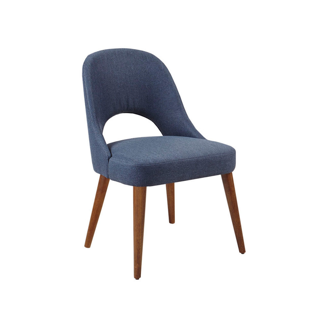 Upholstered Dining Chair in Textured Fabric with Pecan Solid Wood Legs in Navy