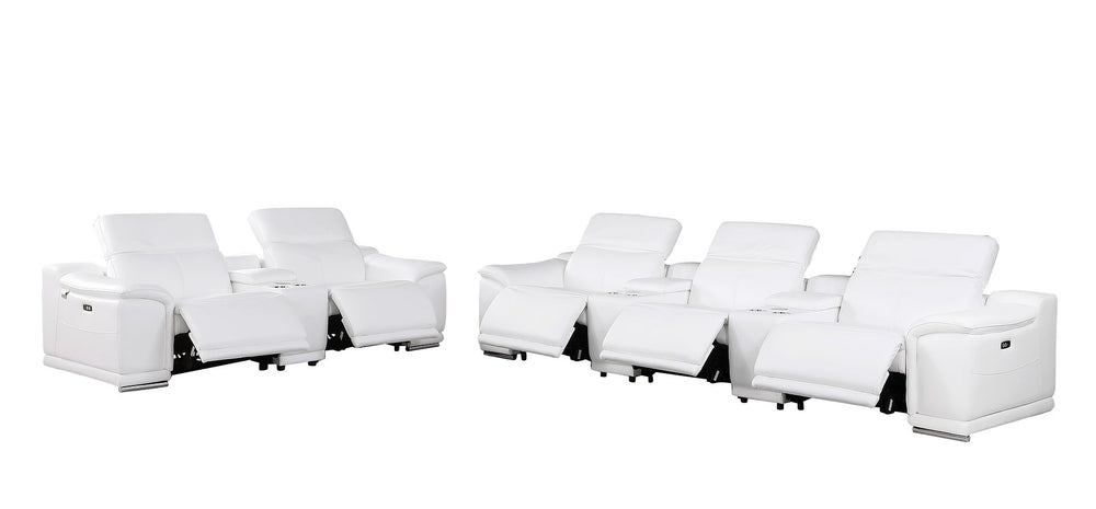 DivanItalia 9762 8-Piece Modular Power Reclining Sofa and Console Loveseat Set with Top Grain Italian Leather - White
