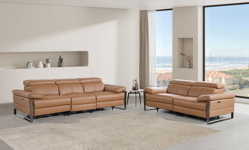 DivanItalia 1246 Modular Power Dual Reclining Sofa and Loveseat Set with Power Headrests – Top Grain Italian Leather - Cognac