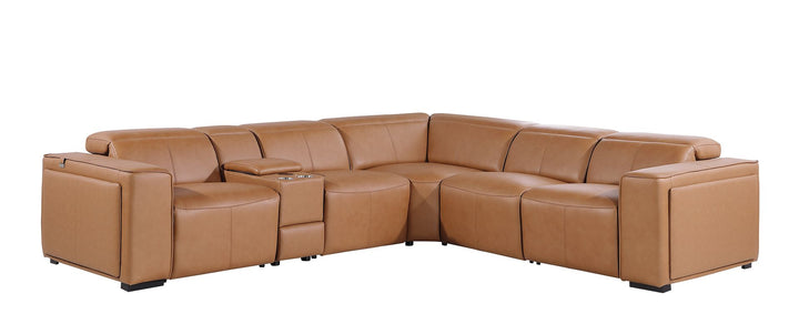 DivanItalia 1224 6-Piece L-Shaped Sectional Sofa in Top Grain Italian Leather with 3 Power Recliners &amp; Power Headrests - Cognac