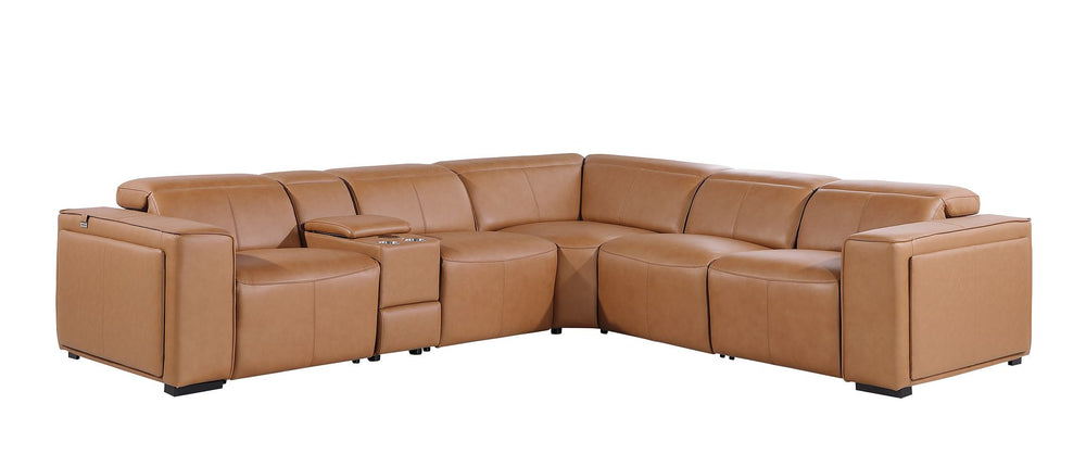 DivanItalia 1224 6-Piece L-Shaped Sectional Sofa in Top Grain Italian Leather with 3 Power Recliners & Power Headrests - Cognac