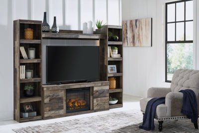 Derekson 4 - Piece Entertainment Center with Electric Fireplace - Dark Gray Entertainment Centers modern furniture Contempo Furniture