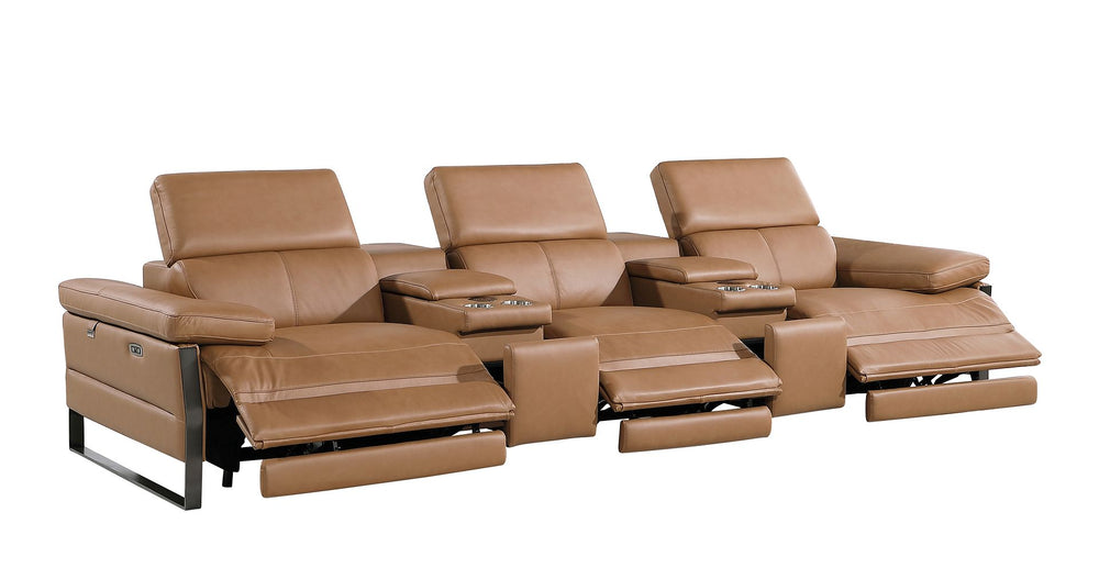 DivanItalia 1246 Modular Power Triple Reclining Dual Console Sofa with Power Reclining Headrests – Top Grain Italian Leather - Cognac