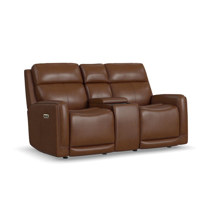 Alister Leather Power Gliding Loveseat with Console, Power Headrests &amp; Lumbar in Sedona