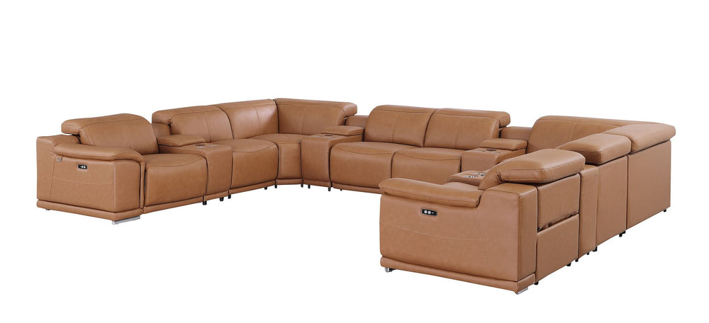 DivanItalia 9762 12-Piece U Shaped Top Grain Italian Leather Sectional Sofa with 4 Power Recliners - Cognac