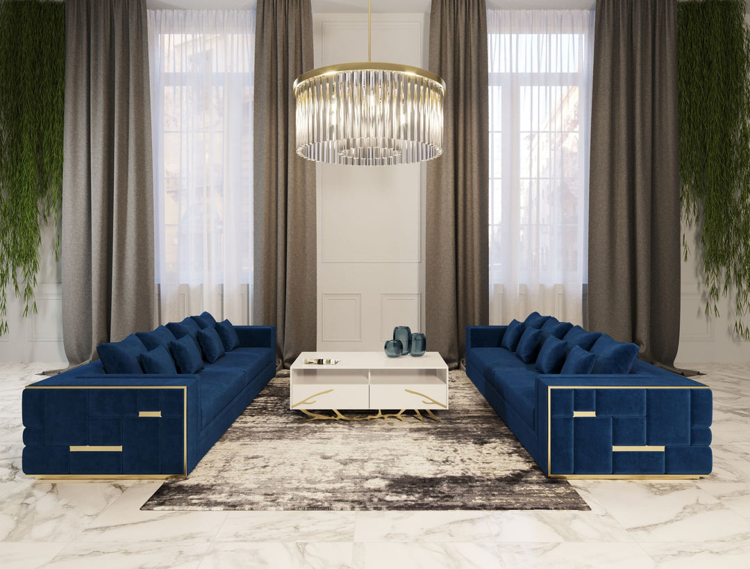 Mobray - Glam Blue  and  Gold Fabric Sofa
