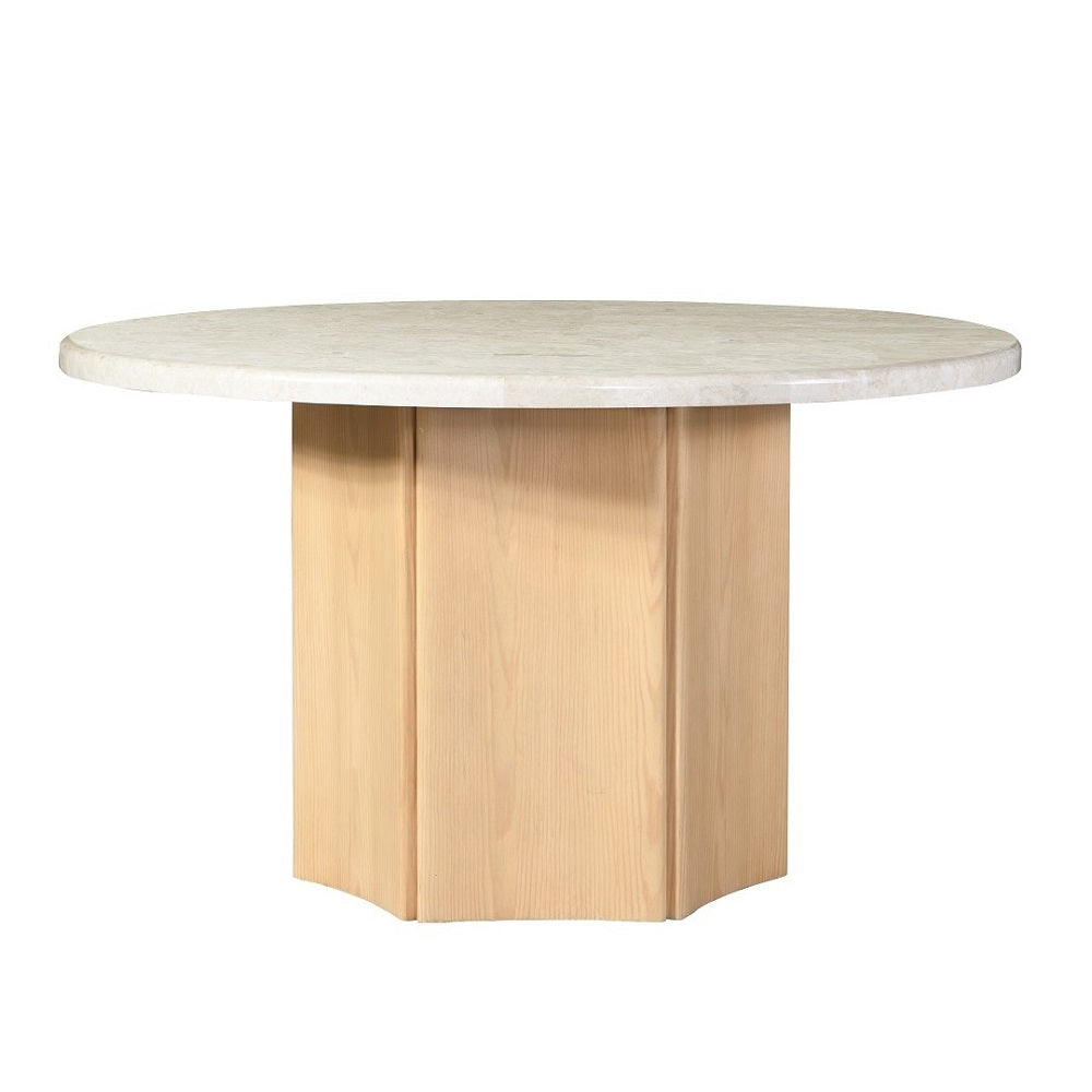 Qwin Round Dining Table with Marble Top - Natural Marble & Oak