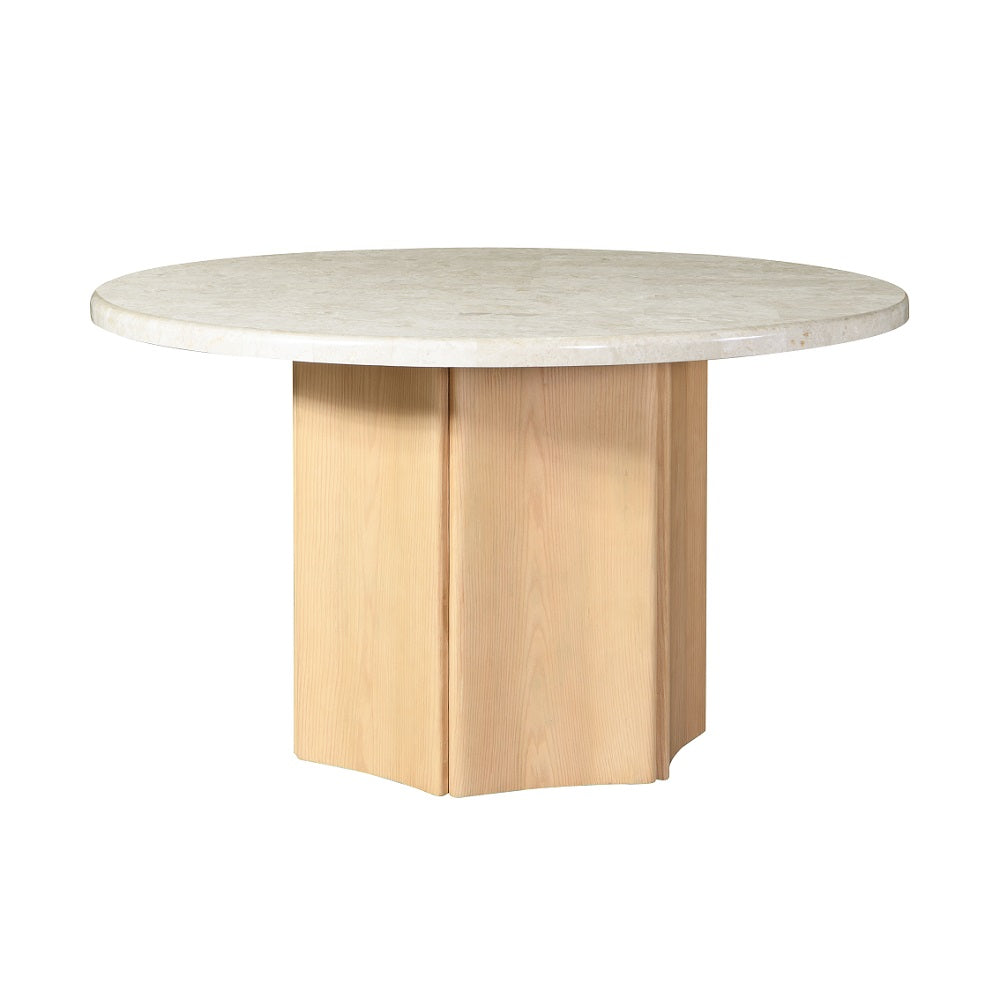 Qwin Round Dining Table with Marble Top - Natural Marble & Oak