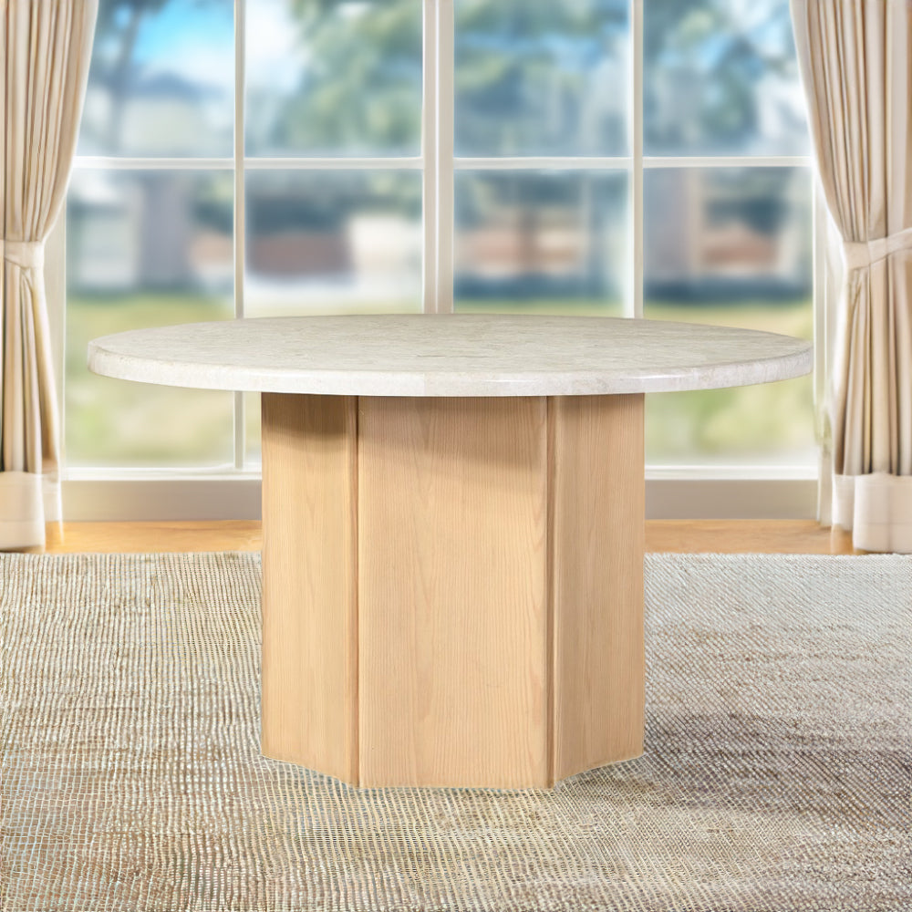 Qwin Round Dining Table with Marble Top - Natural Marble & Oak