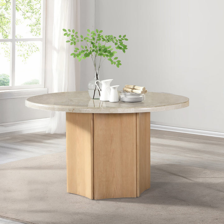 Qwin Round Dining Table with Marble Top - Natural Marble &amp; Oak