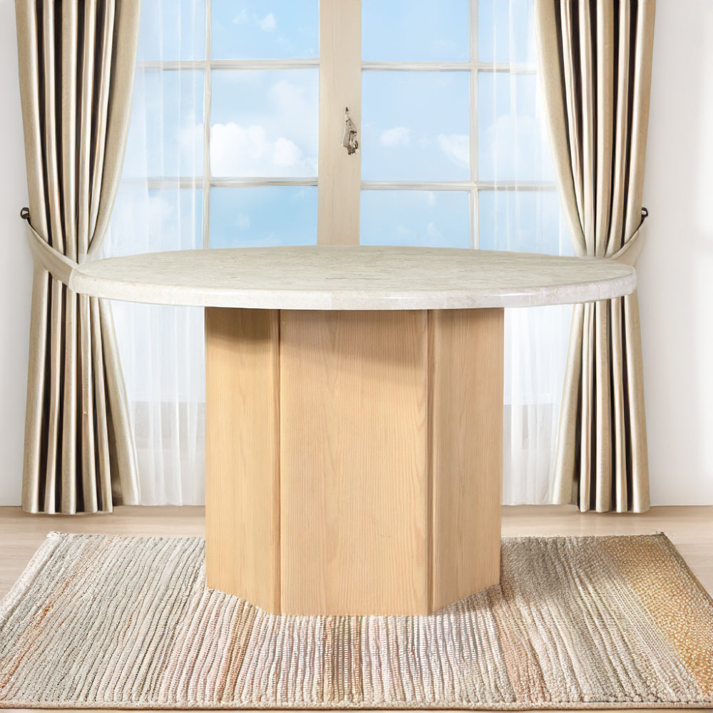 Qwin Round Dining Table with Marble Top - Natural Marble & Oak