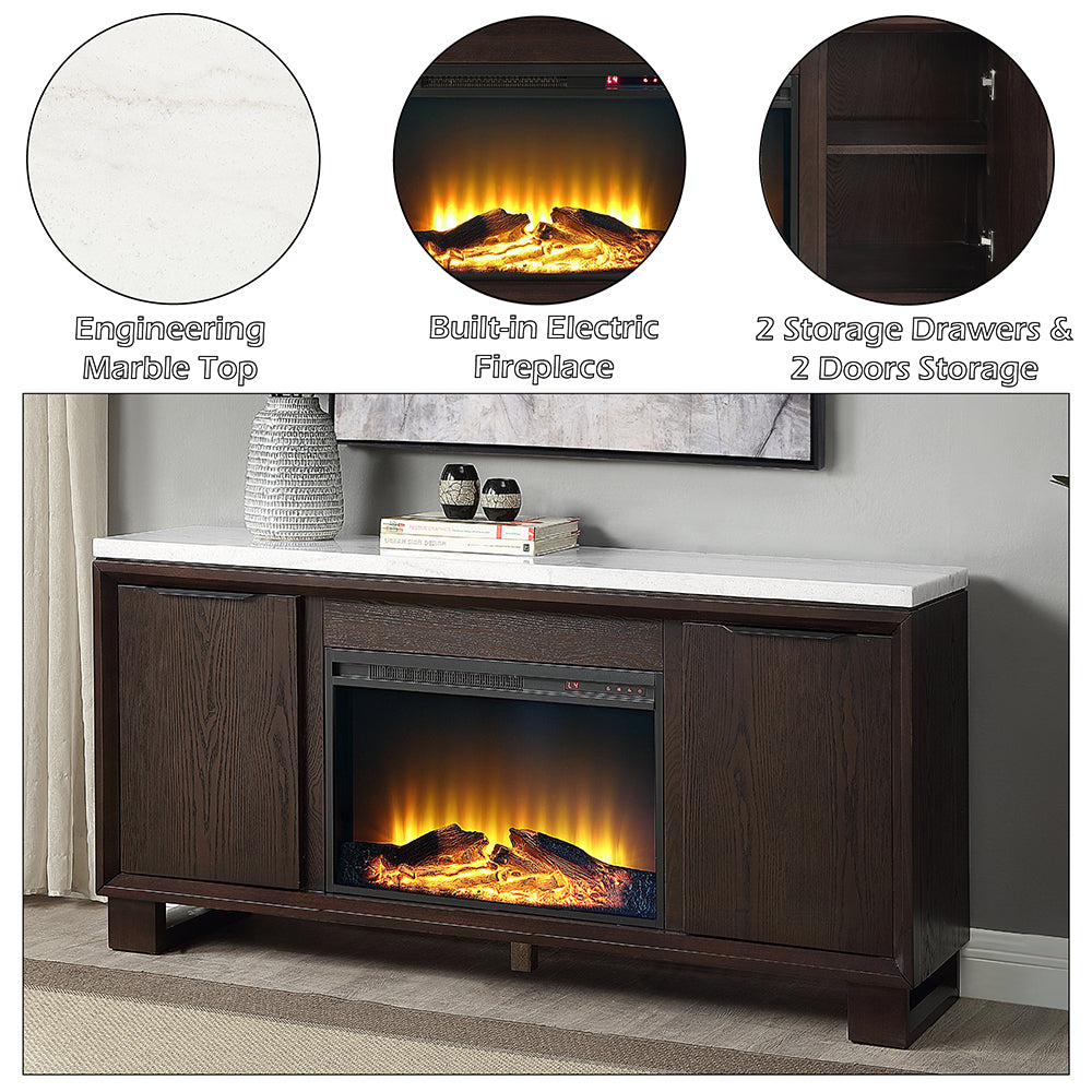 Edwyn Server with Natural Marble Top & Fireplace
