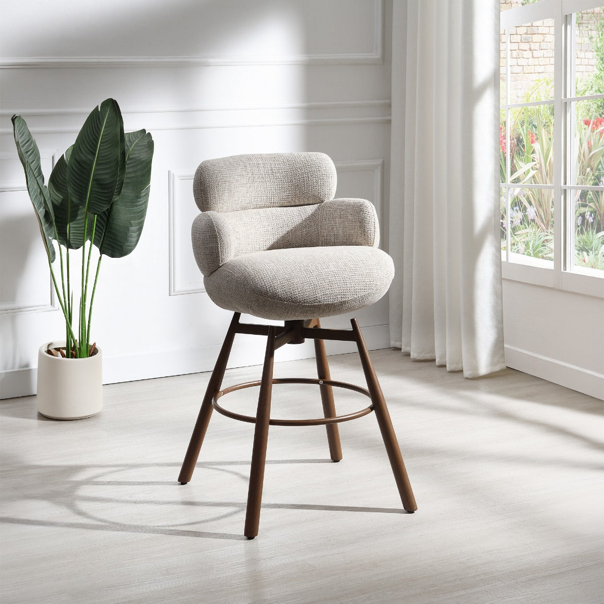 Jena Bar Chair with Swivel - Beige Chenille & Walnut