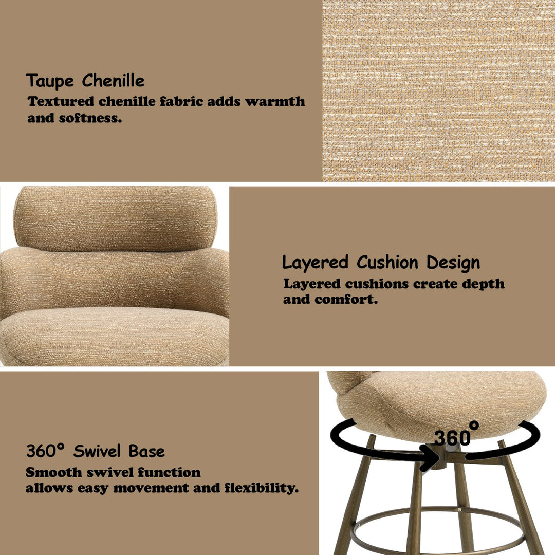 Jena Bar Chair with Swivel - Taupe Chenille &amp; Bronze