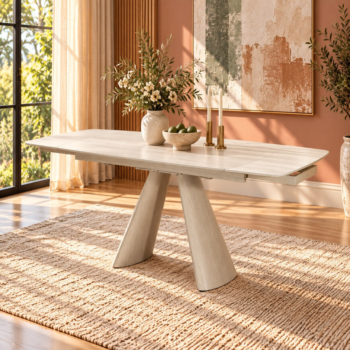 Cassian Dining Table with Ceramic Top - Travertine Pattern & Cream