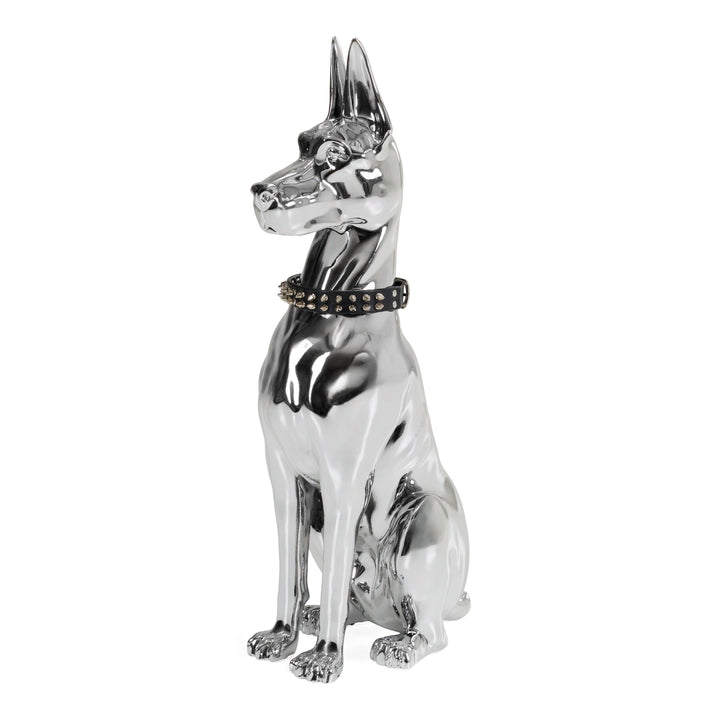 Doberman Dog - Silver Fiberglass Sculpture