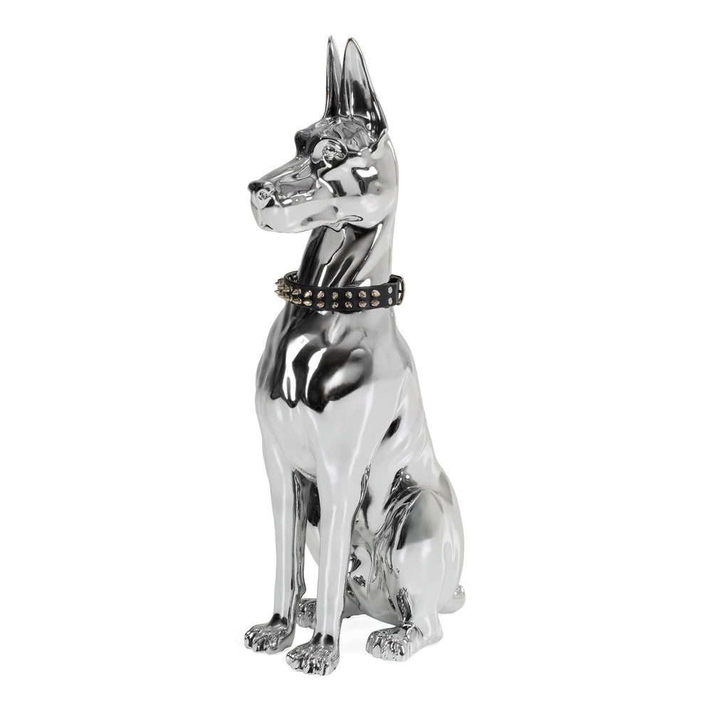 Doberman Dog - Silver Fiberglass Sculpture