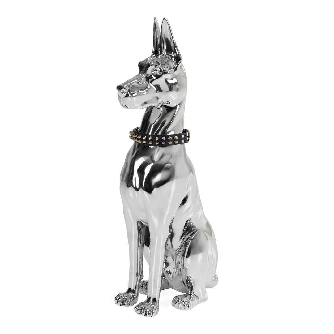 Doberman Dog - Silver Fiberglass Sculpture