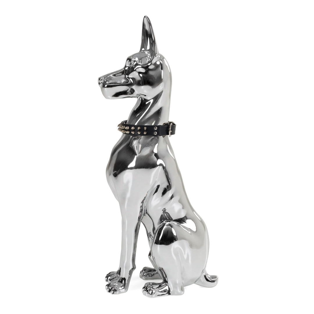 Doberman Dog - Silver Fiberglass Sculpture