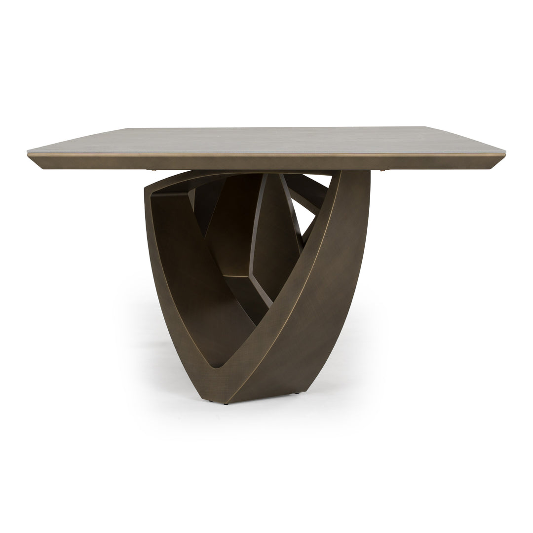 Dollemore - Modern Faux Travertine Ceramic + Antique Brass Dining Table