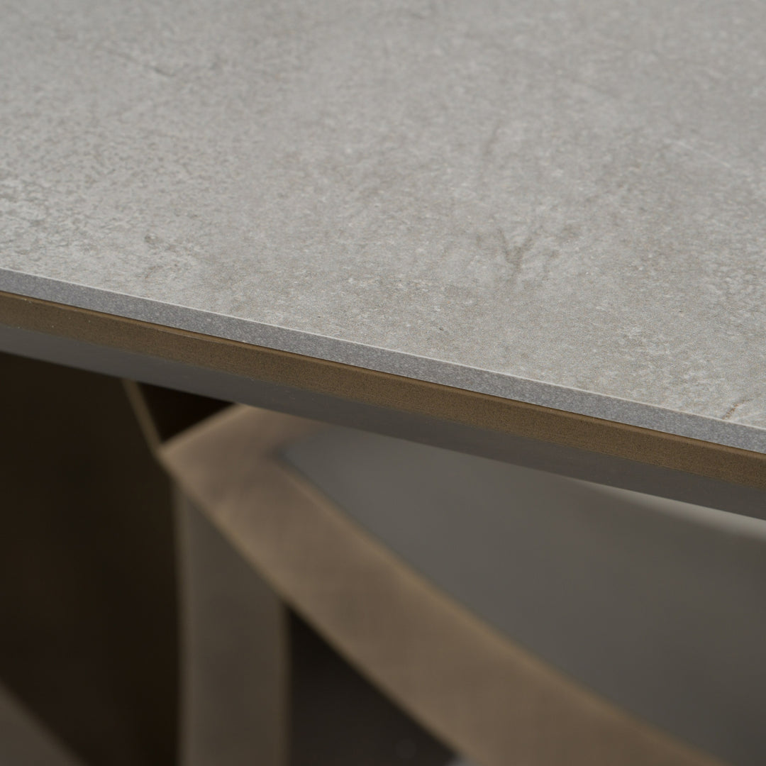 Dollemore - Modern Faux Travertine Ceramic + Antique Brass Dining Table