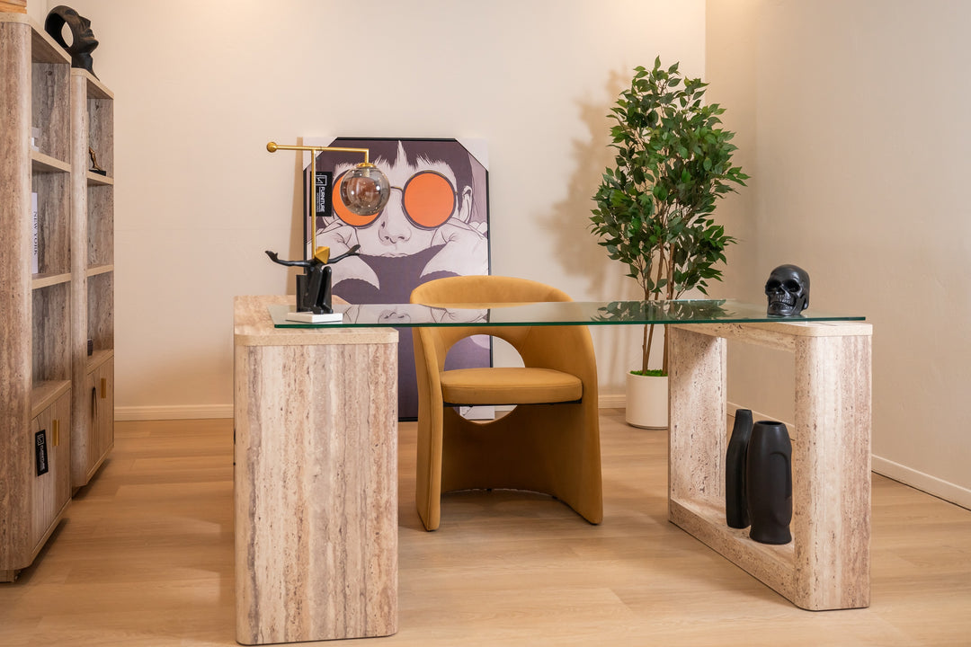 Roma - Modern Glass + Faux Travertine Reversible Desk
