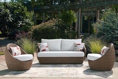 Double Point Outdoor Loveseat/2 Swivel Chairs (Set of 3) - Beige 3 Piece Outdoor Set modern furniture Contempo Furniture