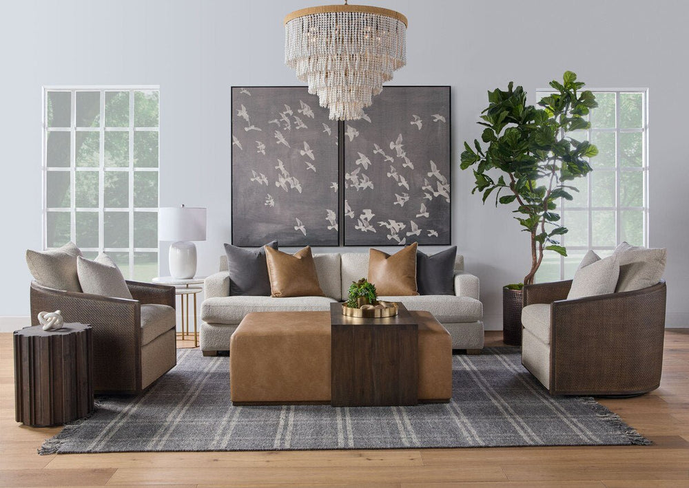 Dovetail Upholstered Coffee Table Ivanhoe Toast, Burnished Brown Acacia Coffee Table modern furniture Contempo Furniture