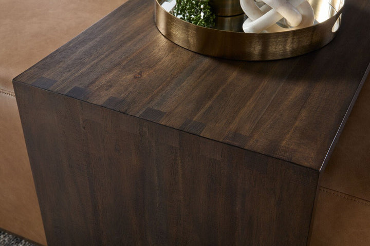 Dovetail Upholstered Coffee Table Ivanhoe Toast, Burnished Brown Acacia Coffee Table modern furniture Contempo Furniture