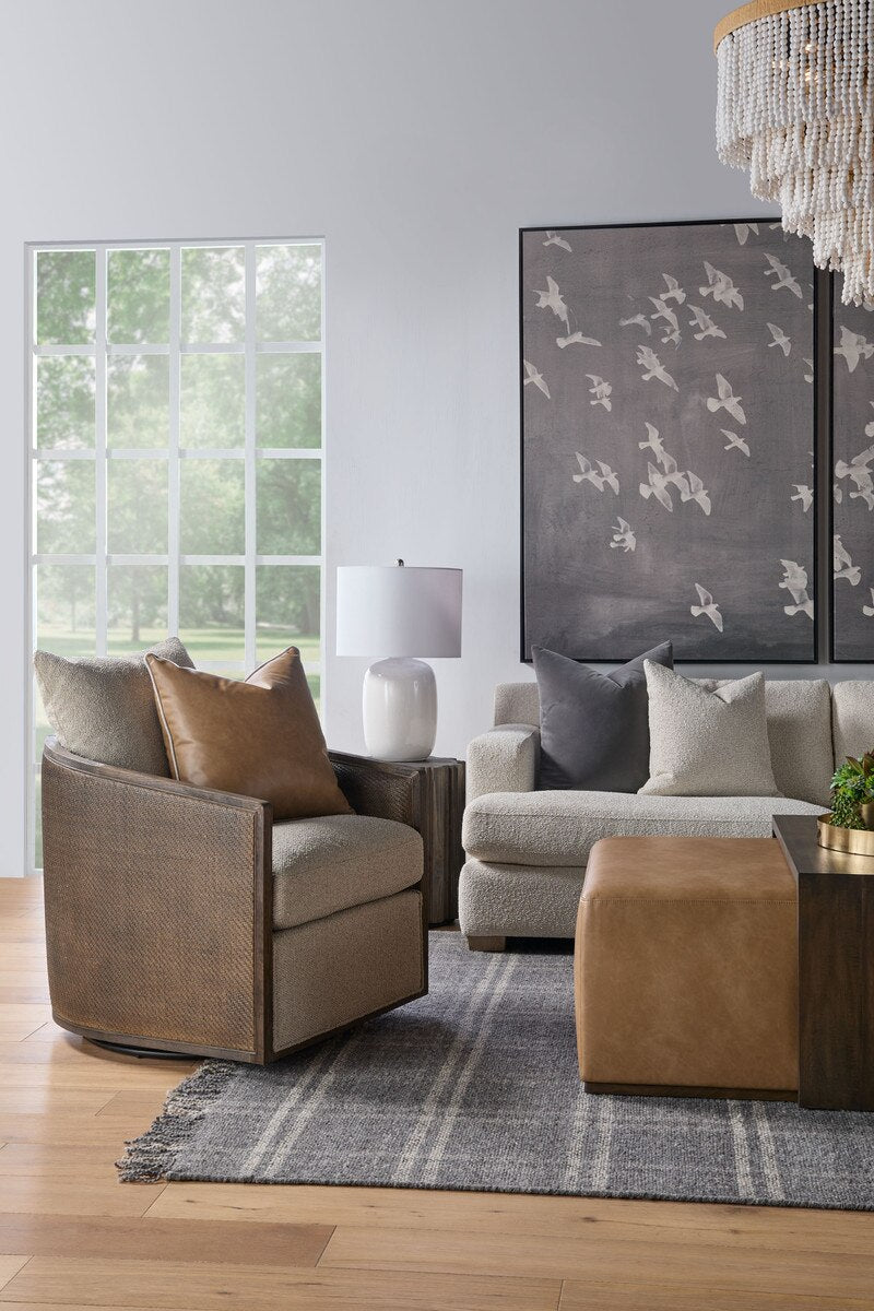 Dovetail Upholstered Coffee Table Ivanhoe Toast, Burnished Brown Acacia Coffee Table modern furniture Contempo Furniture