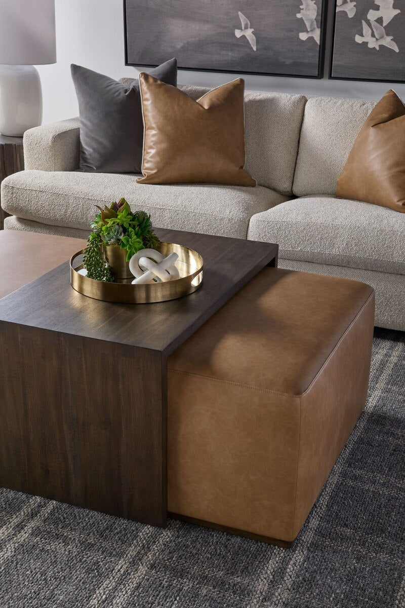 Dovetail Upholstered Coffee Table Ivanhoe Toast, Burnished Brown Acacia Coffee Table modern furniture Contempo Furniture