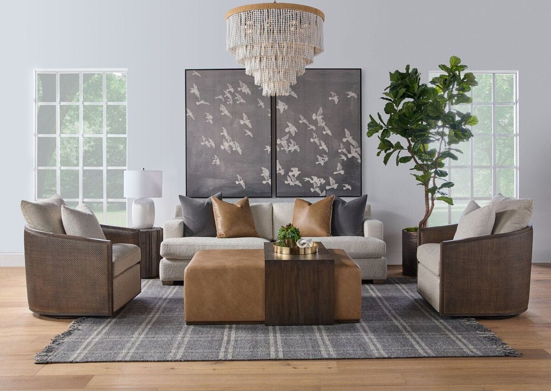 Dovetail Upholstered Coffee Table Ivanhoe Toast, Burnished Brown Acacia Coffee Table modern furniture Contempo Furniture