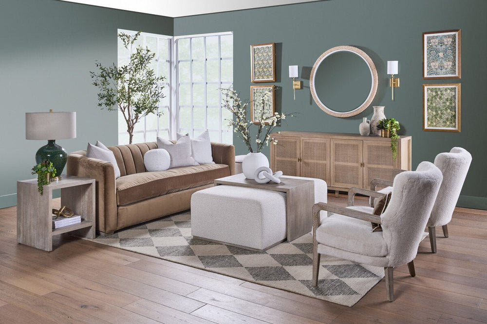 Dovetail Upholstered Coffee Table LiveSmart Gellar Linen, Natural Gray Acacia Coffee Table modern furniture Contempo Furniture