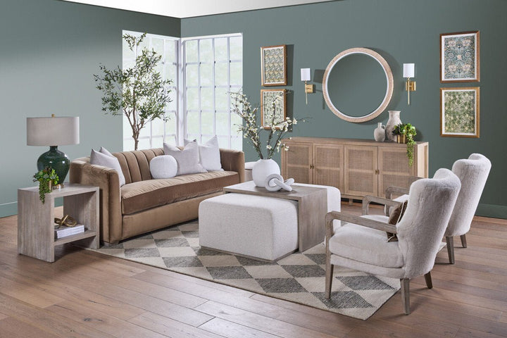 Dovetail Upholstered Coffee Table LiveSmart Gellar Linen, Natural Gray Acacia Coffee Table modern furniture Contempo Furniture