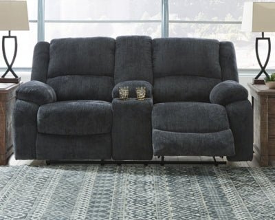 Draycoll Reclining Loveseat with Console - Dark Gray Reclining Loveseat modern furniture Contempo Furniture