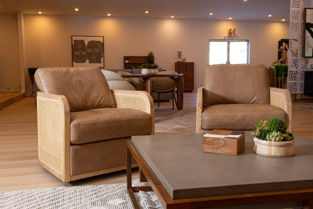 Danson  Modern Tan Leather + Wicker Swivel Accent Chair