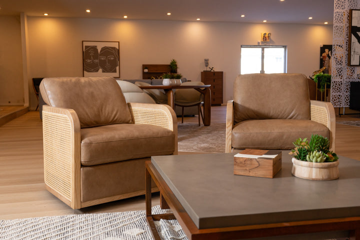 Danson  Modern Tan Leather + Wicker Swivel Accent Chair