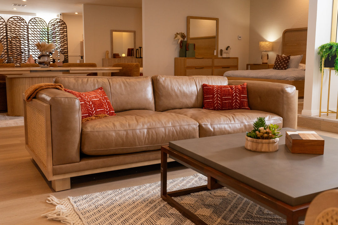 Danson  Modern Tan Leather + Wicker Sofa
