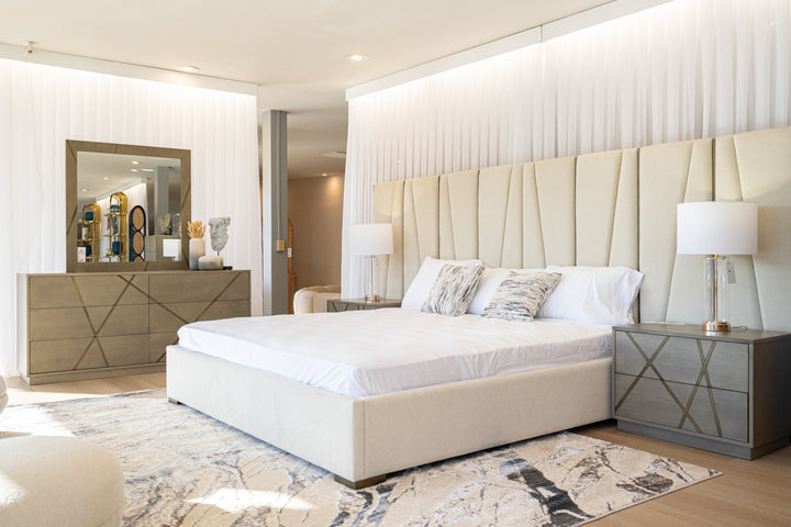 Nixa - Modern Beige Velvet + Brushed Bronze Bed-queen