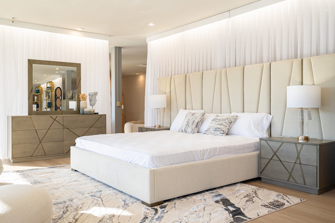 Nixa - Modern Beige Velvet + Brushed Bronze Bed-queen
