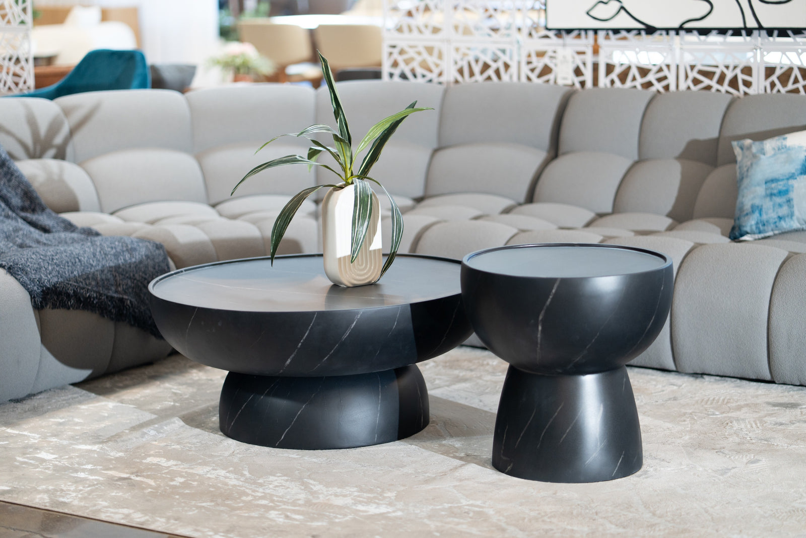 Akron - Modern Black & White Faux Marble Round Coffee Table - View 5