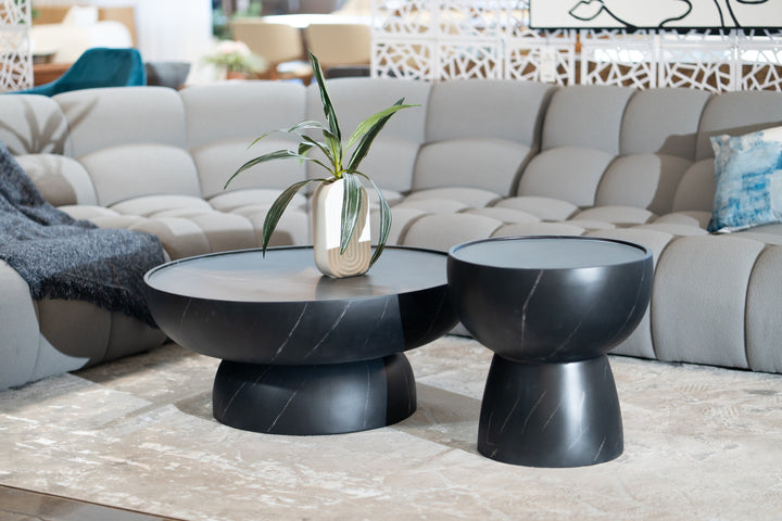 Akron - Modern Black &amp; White Faux Marble Round Coffee Table
