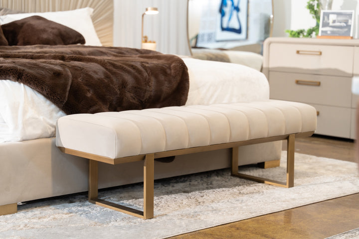 Robles - Modern Beige Fabric + Antique Brass Dining Bench