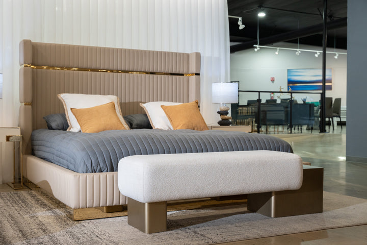 Triumph - Contemporary Off-White Fabric  Antique Brass Bench