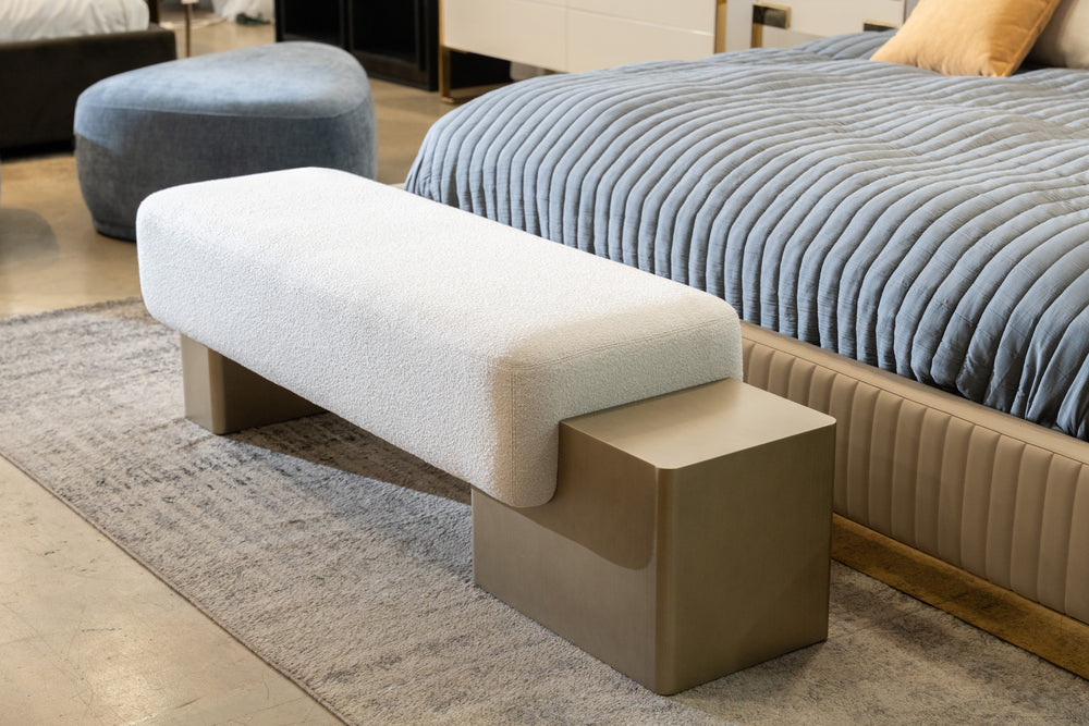 Triumph - Contemporary Off-White Fabric + Antique Brass Bench - View 7